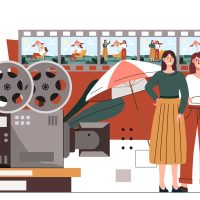 Videographers team concept. Two women with movie camera and umbrella. Film induistry, TV series and movie production. Cartoon flat vector illustration isolated on white background