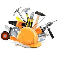 Vector Construction Tools with Helmet isolated on white background